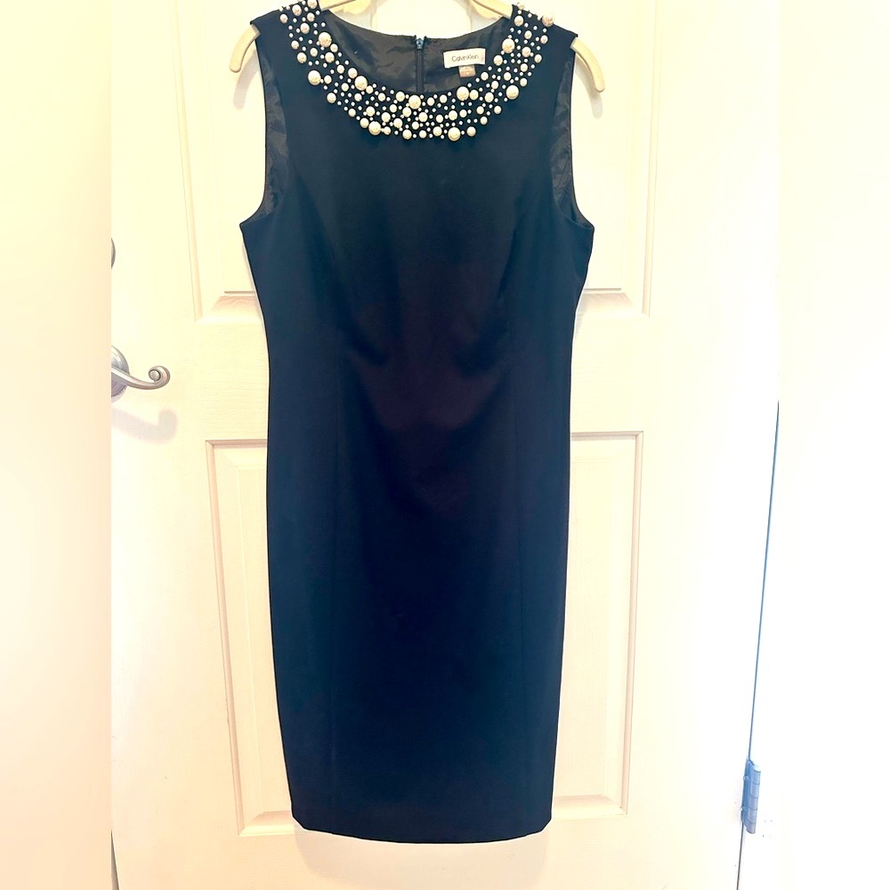 Calvin Klein Black Midi Dress with Pearl Embellishments